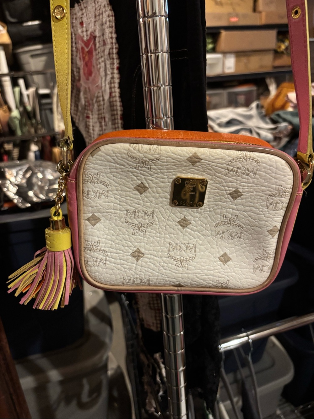 EUC MCM White Logo Crossbody Bag with Pink, Orange and Yellow Accents